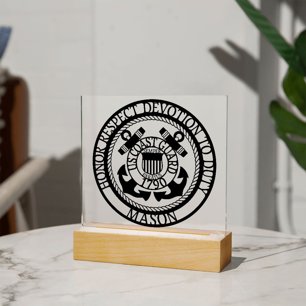 Coast Guard Seal Acrylic Plaque with Personalized Name and Optional LED Lighting Base