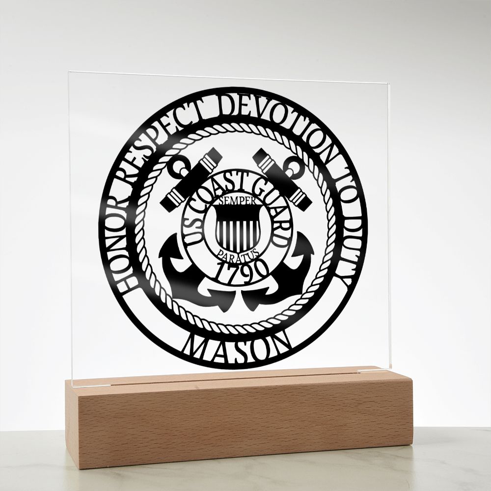 Coast Guard Seal Acrylic Plaque with Personalized Name and Optional LED Lighting Base