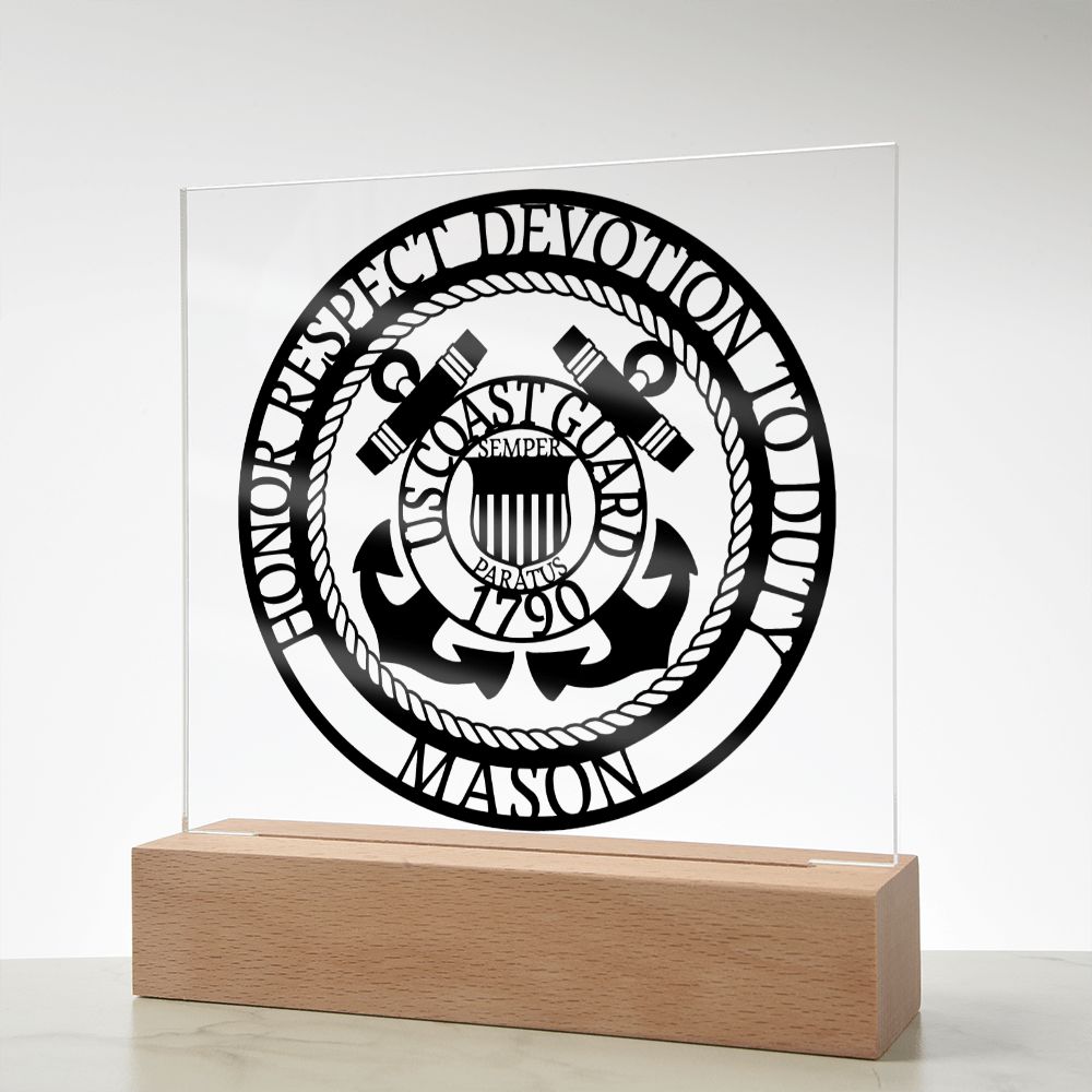 Coast Guard Seal Acrylic Plaque with Personalized Name and Optional LED Lighting Base