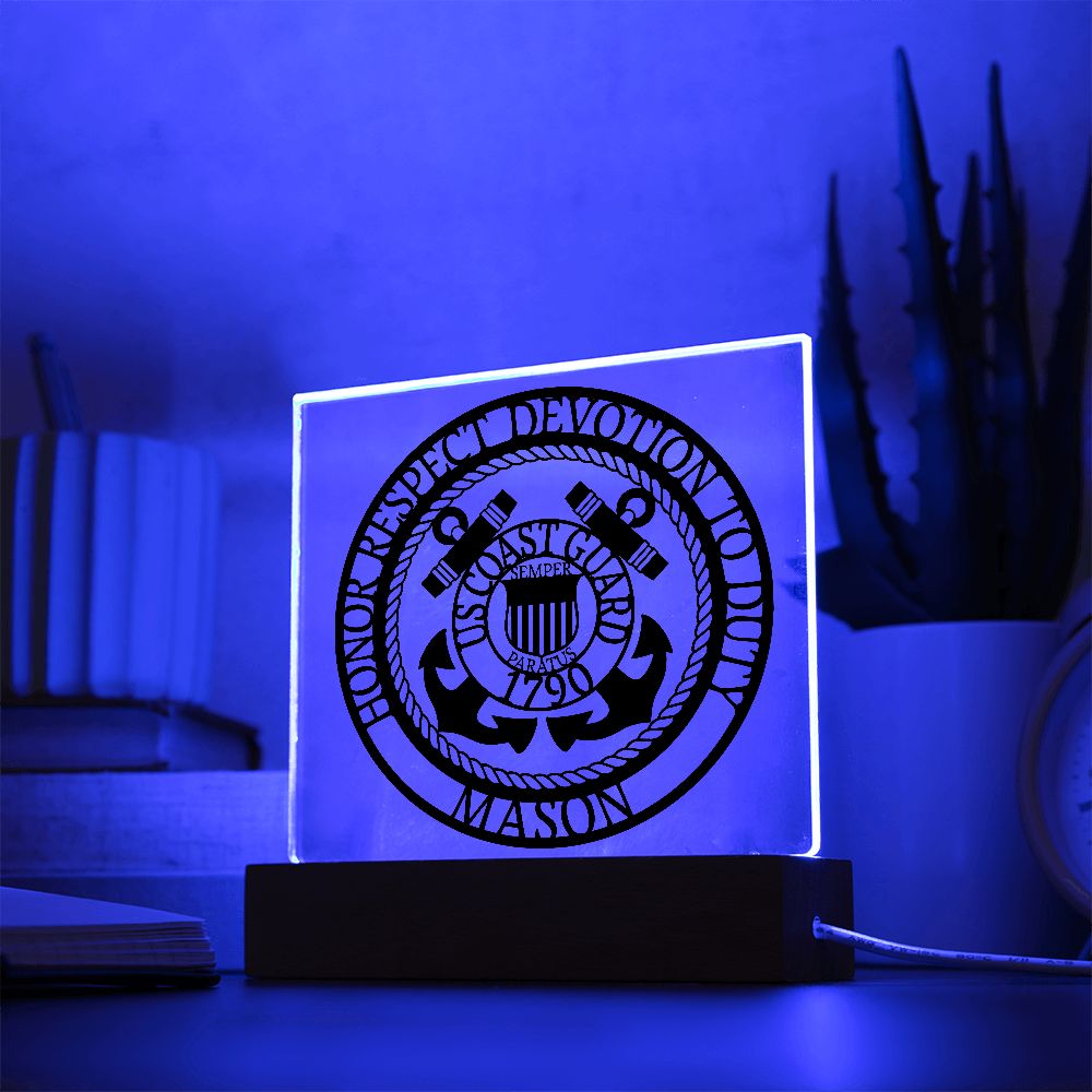 Coast Guard Seal Acrylic Plaque with Personalized Name and Optional LED Lighting Base