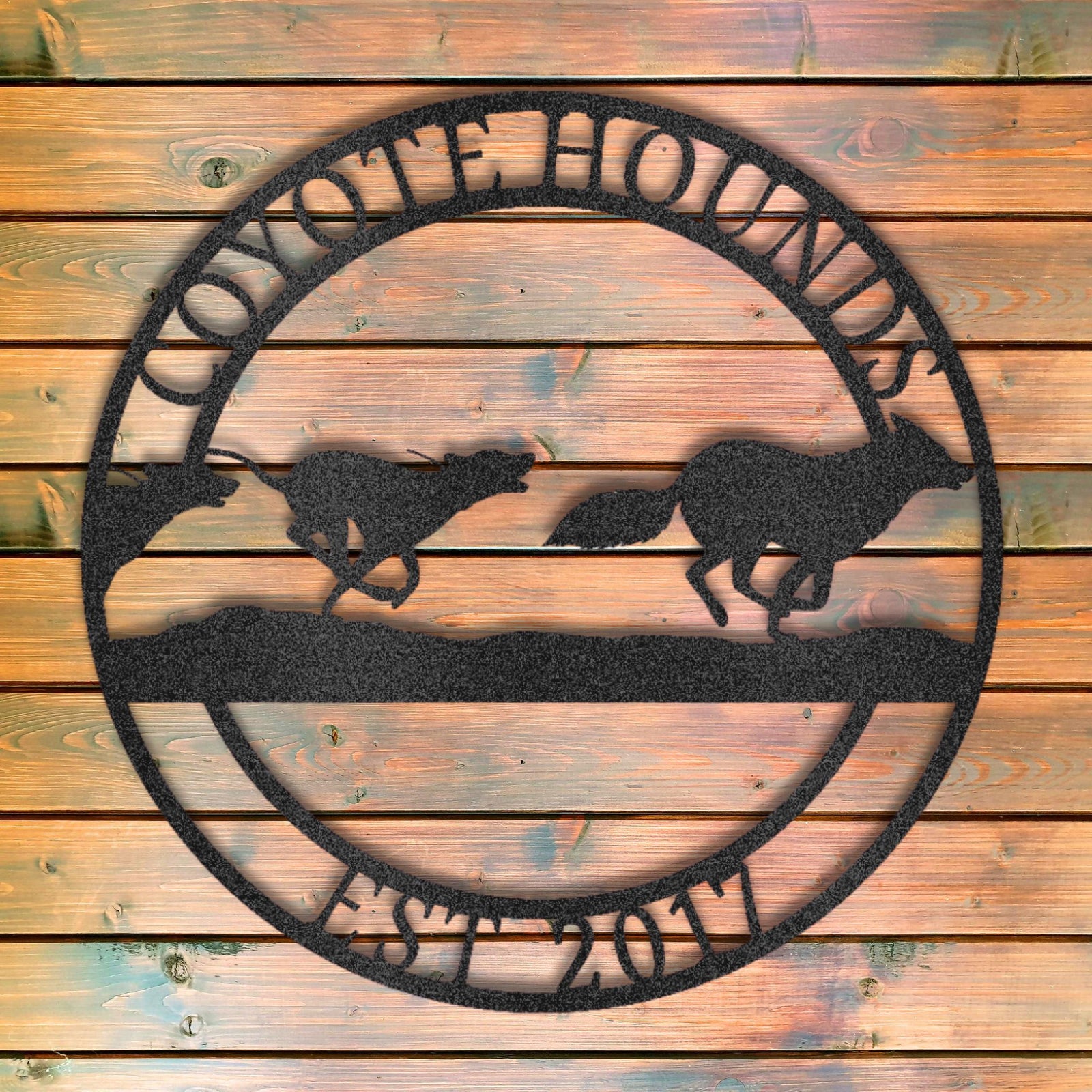 Custom Hound Metal Sign: Ranch Name, Coyote Hunting Decor