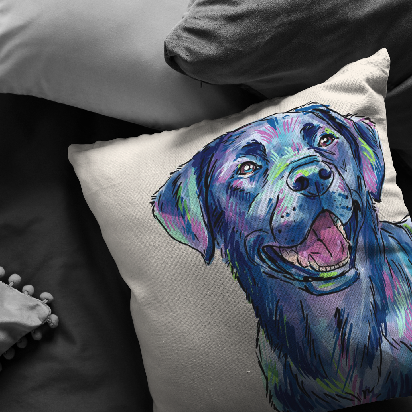 Black Lab Pillow Cover, Print on Front Side Only,