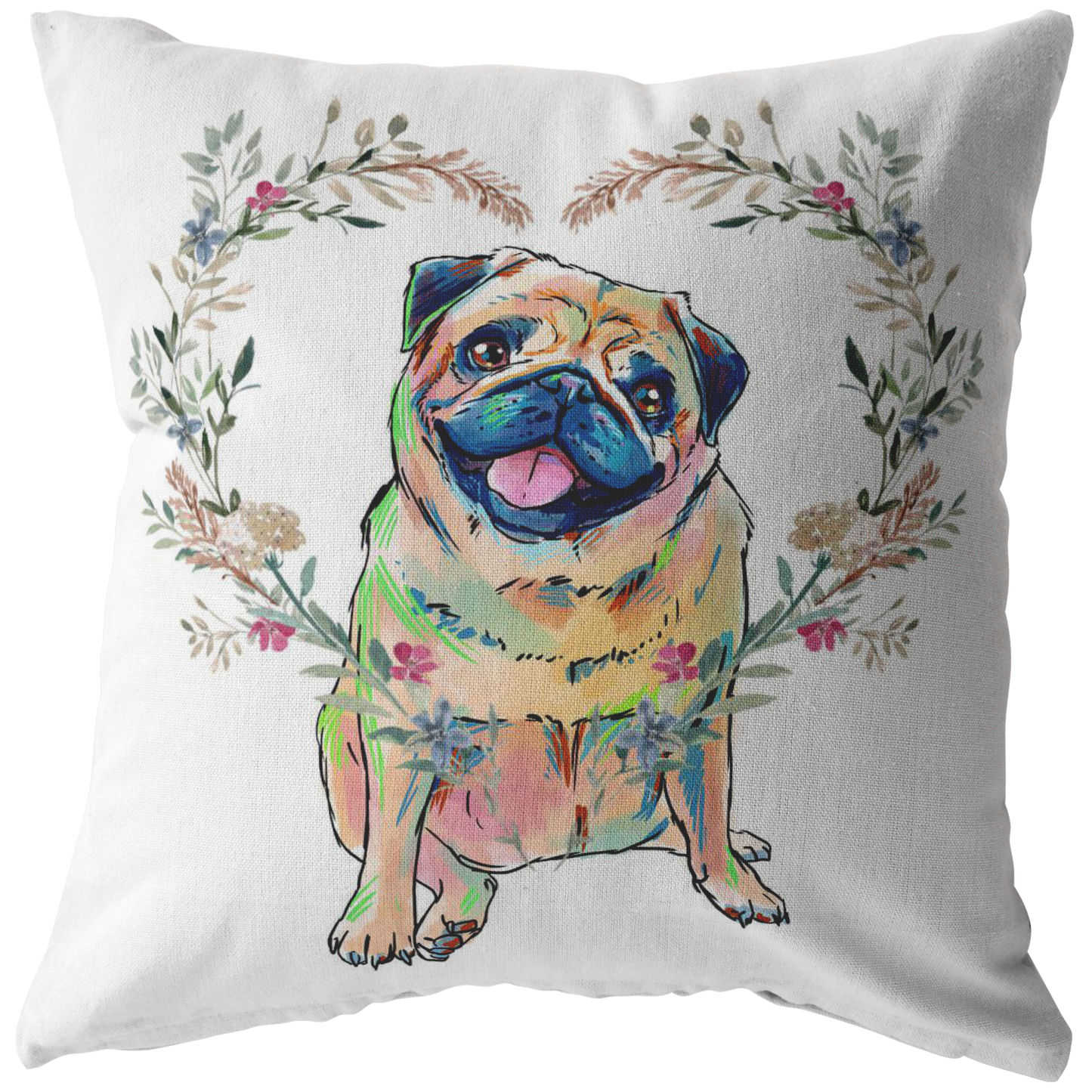 Pug Pillow with Heart Wreath