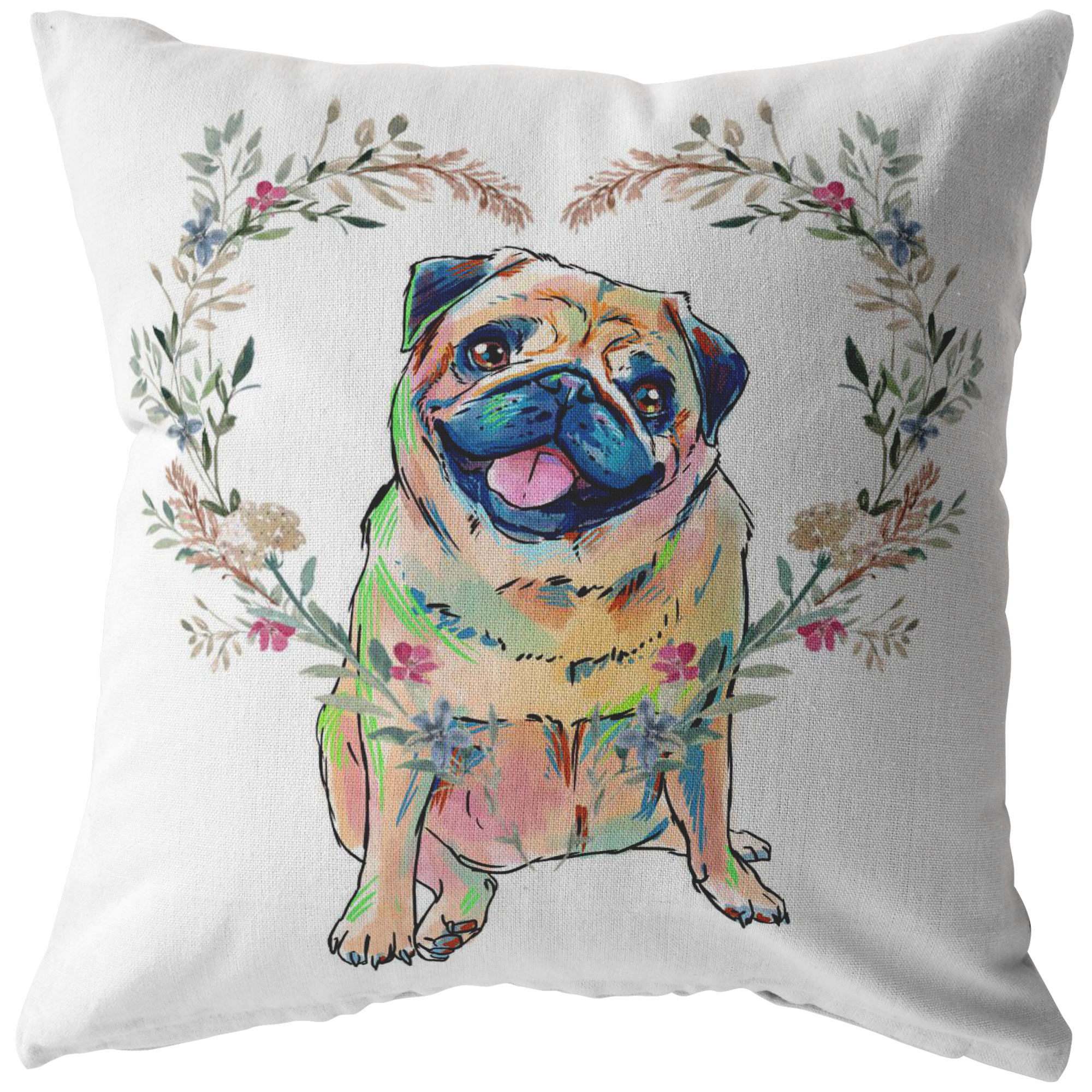 Pug Pillow with Heart Wreath