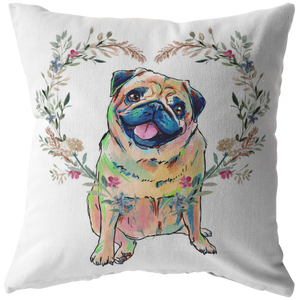 Pug Pillow with Heart Wreath
