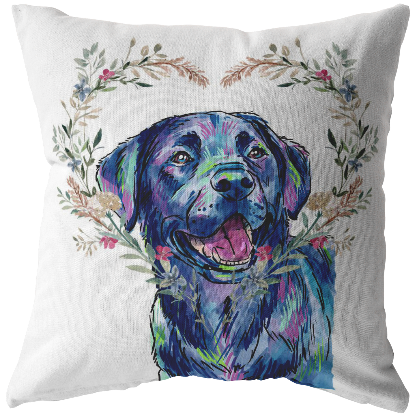 Black Labrador Retriever Pillow with Heart Wreath