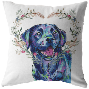 Black Labrador Retriever Pillow with Heart Wreath