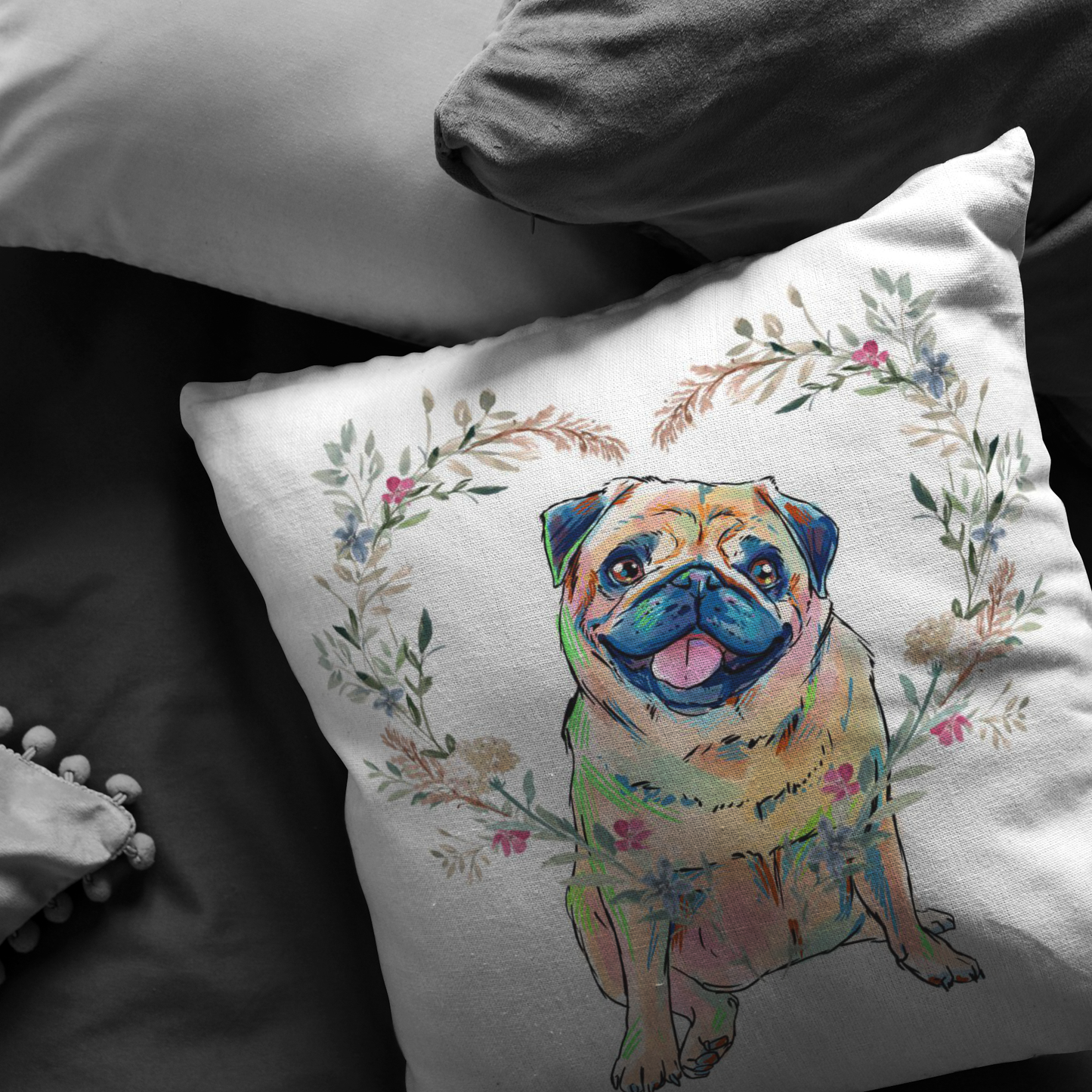 Pug Pillow with Heart Wreath