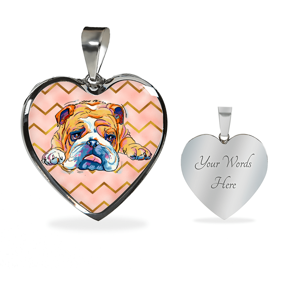 English Bulldog Heart Charm Necklace in Silver or 18k Gold