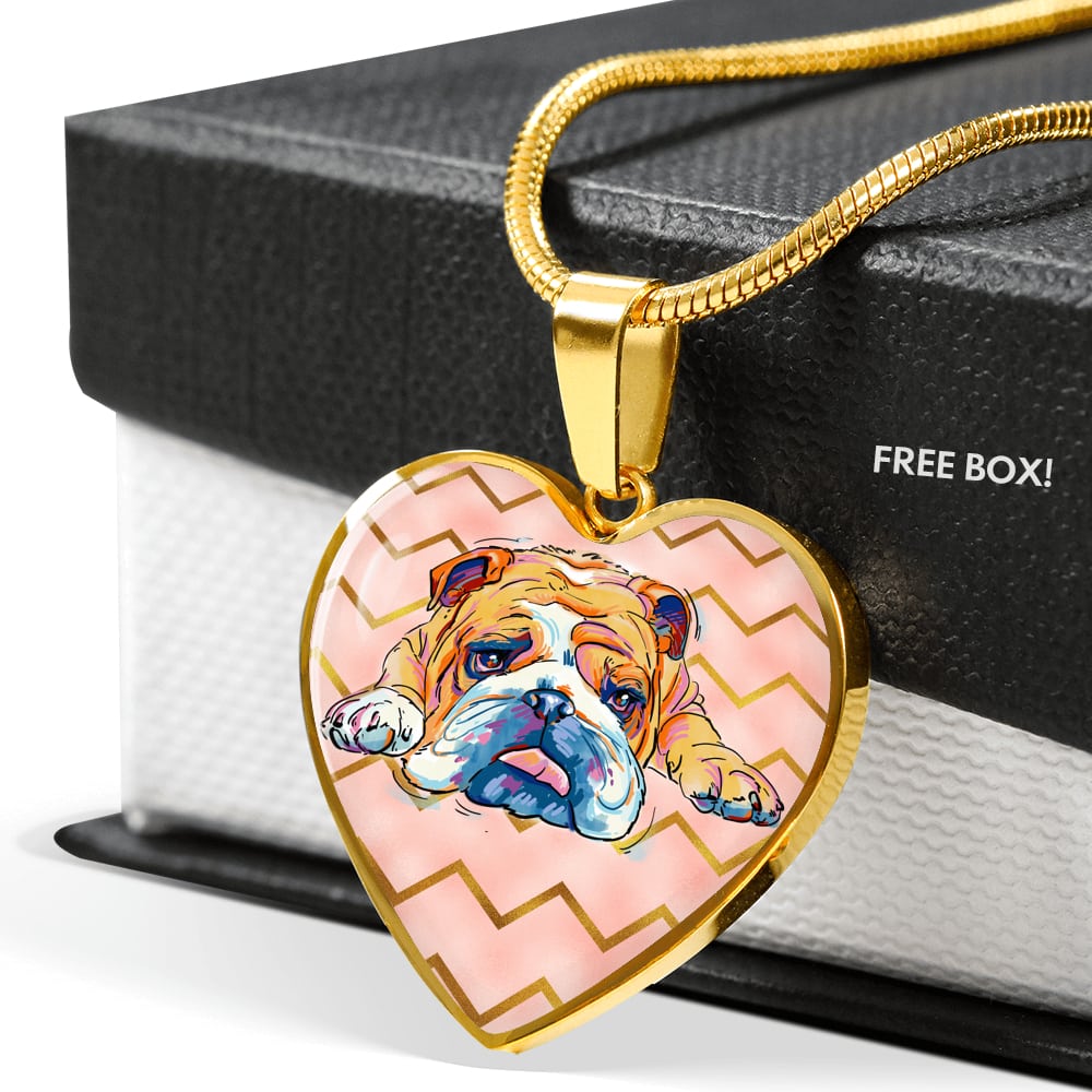 English Bulldog Heart Charm Necklace in Silver or 18k Gold