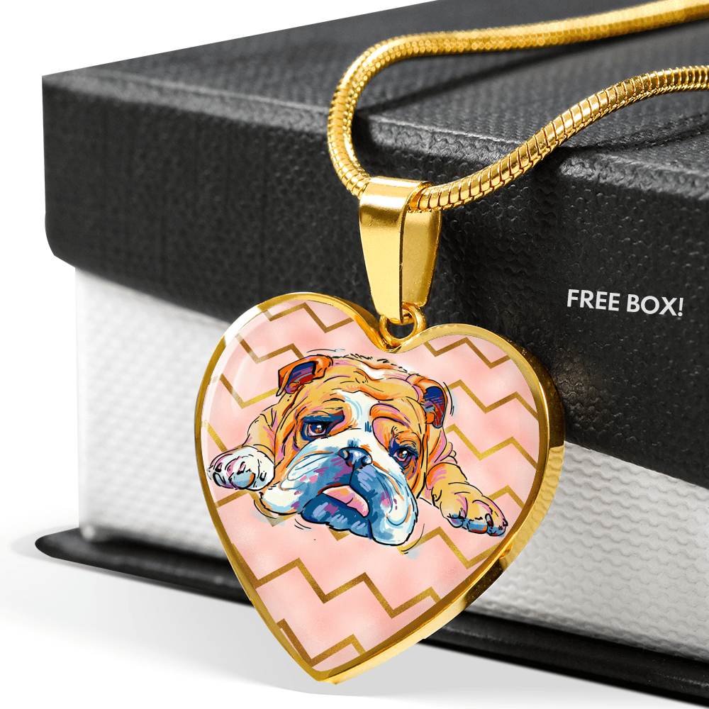 Necklace English Bulldog Stainless Steel or 18k Gold Finish Engraved Heart Charm Unique Gift Dog Lover Bulldog Mom In Memory of Pet Loss Jewelry