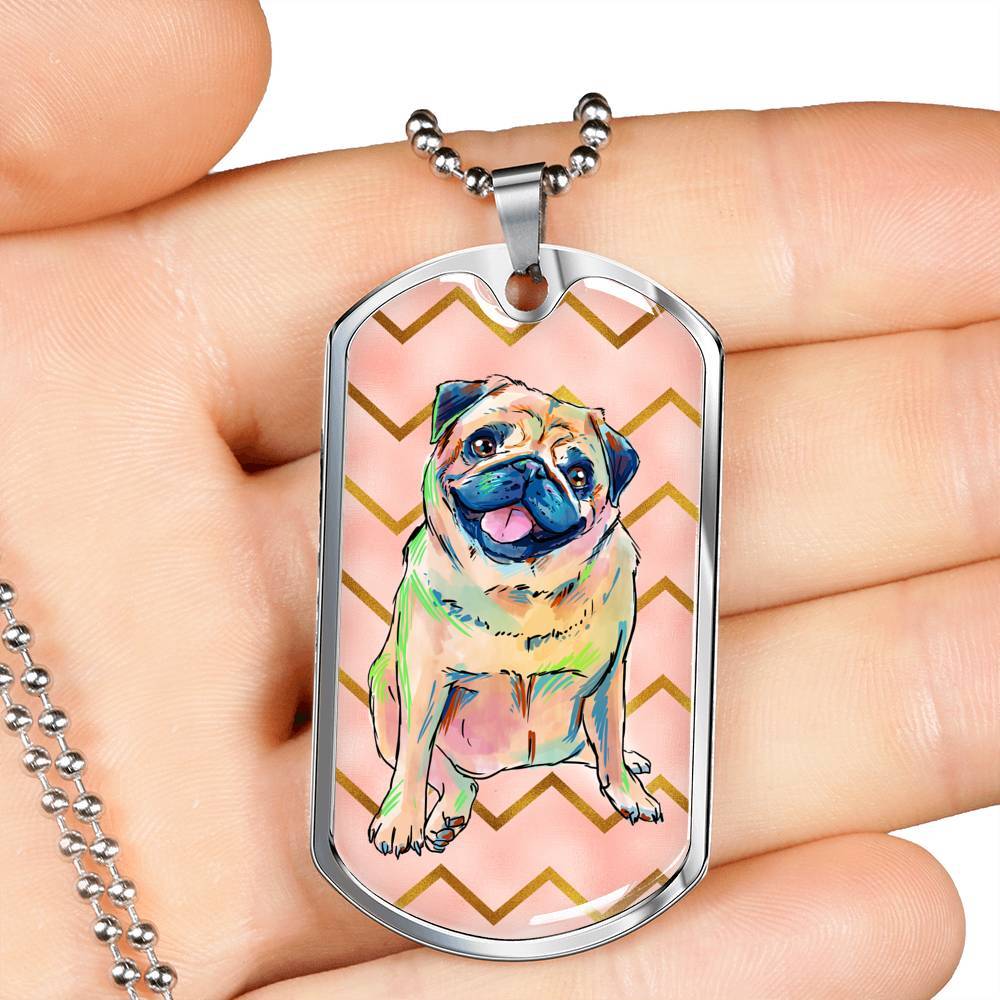 Pug Luxury Steel Tag Necklace in Silver or 18K Gold Finish with Engraving for Dog Lovers Pet Memorial or Pet Loss