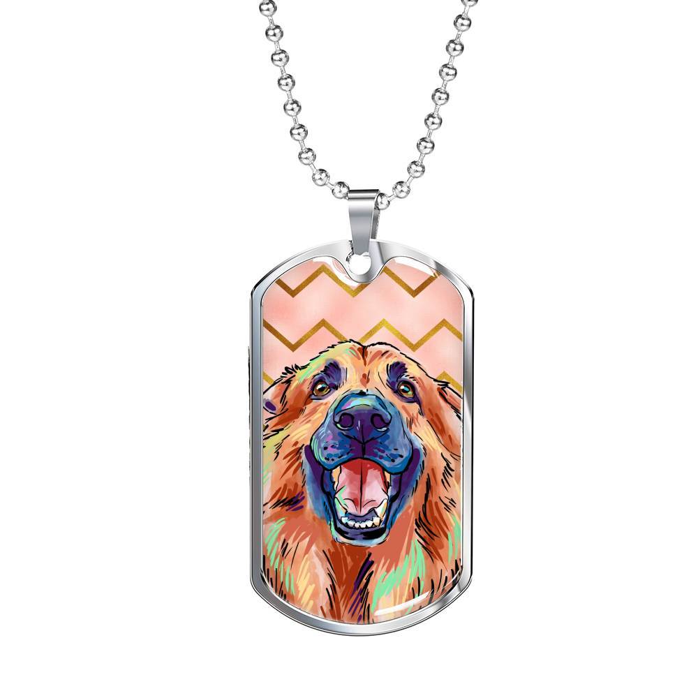 German Shepherd Luxury Steel Tag Necklace in Silver or 18K Gold Finish with Engraving for Dog Lovers Pet Memorial or Pet Loss