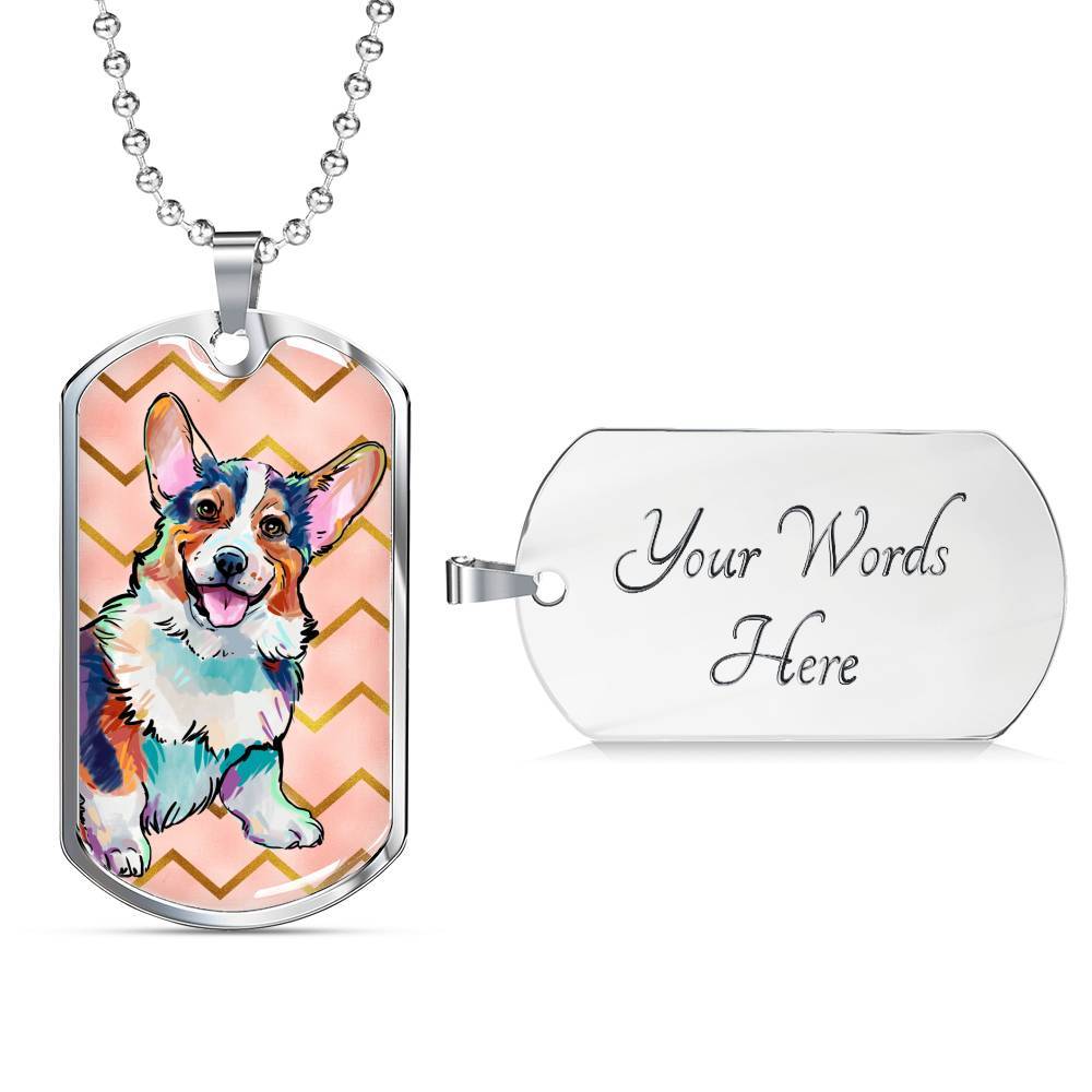 Corgi Luxury Steel Tag Necklace in Silver or 18K Gold Finish with Engraving for Dog Lovers Pet Memorial or Pet Loss