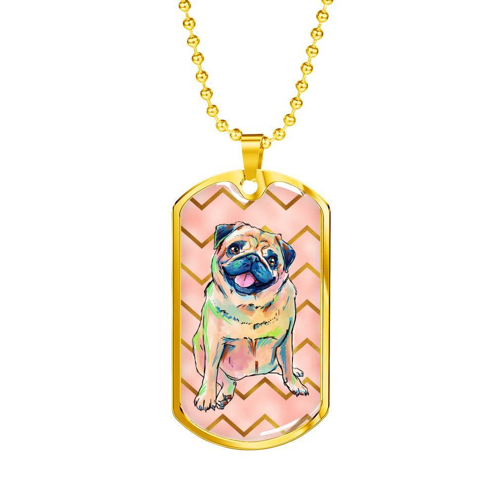 Pug Luxury Steel Tag Necklace in Silver or 18K Gold Finish with Engraving for Dog Lovers Pet Memorial or Pet Loss