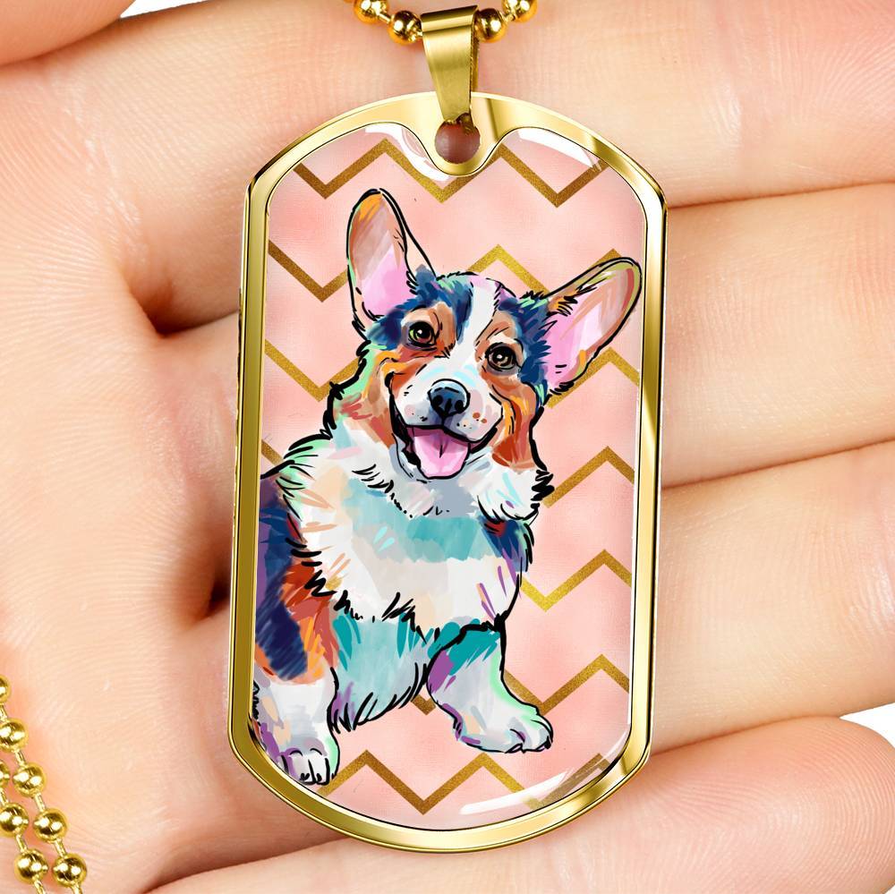 Corgi Luxury Steel Tag Necklace in Silver or 18K Gold Finish with Engraving for Dog Lovers Pet Memorial or Pet Loss