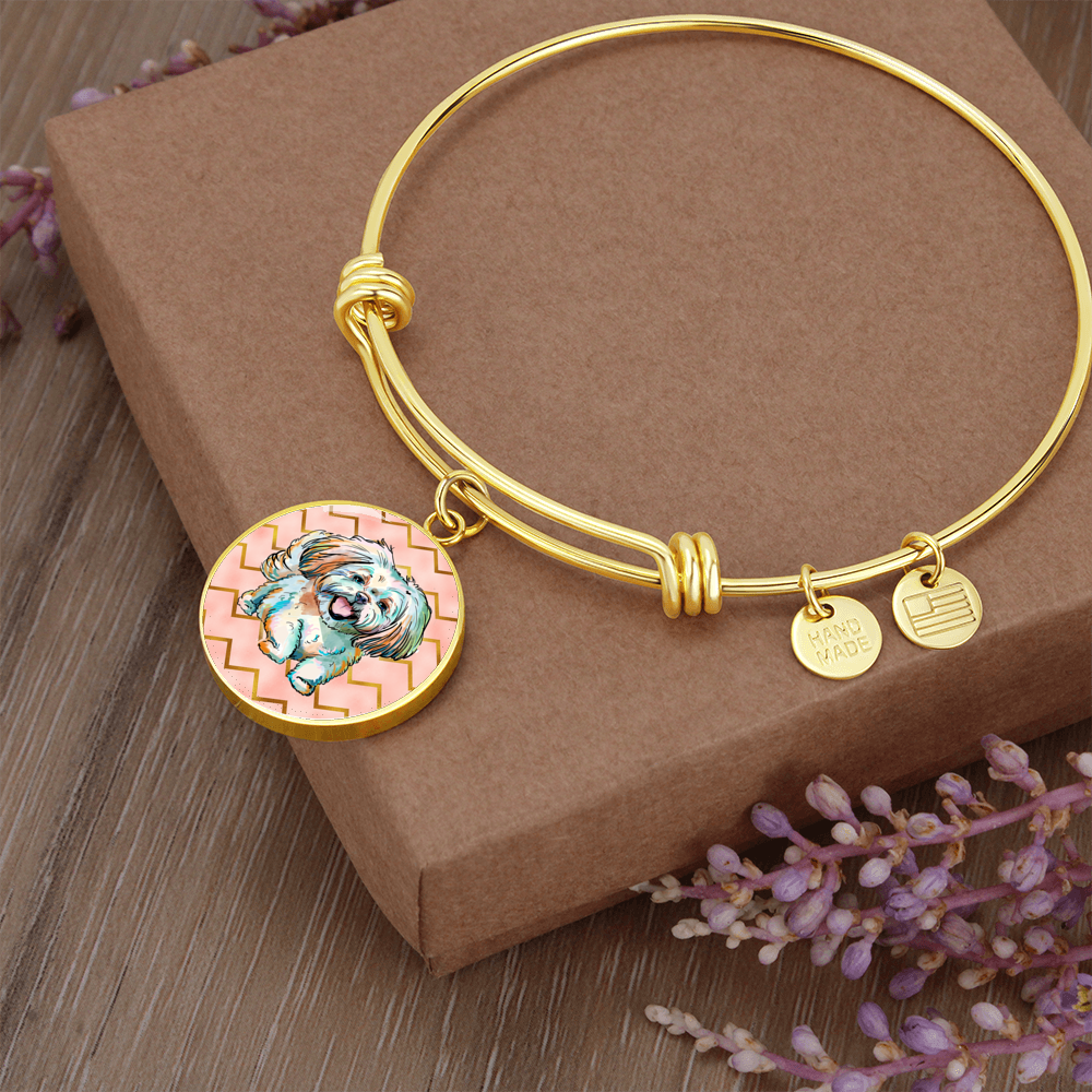 Shihtzu Circle Charm Bracelet in Silver Finish or 18k Gold Plating with Optional Engraved Message on the Back