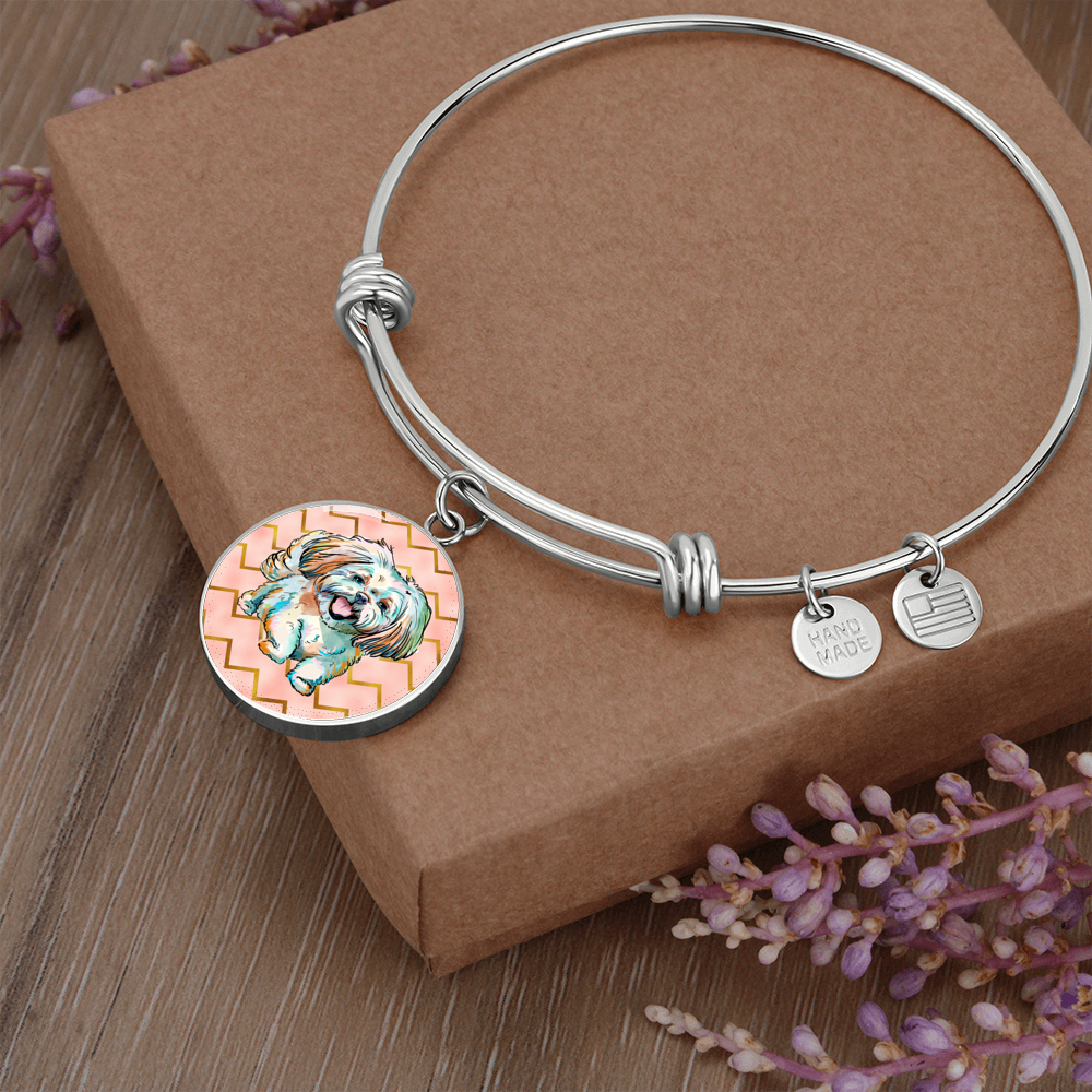 Shihtzu Circle Charm Bracelet in Silver Finish or 18k Gold Plating with Optional Engraved Message on the Back