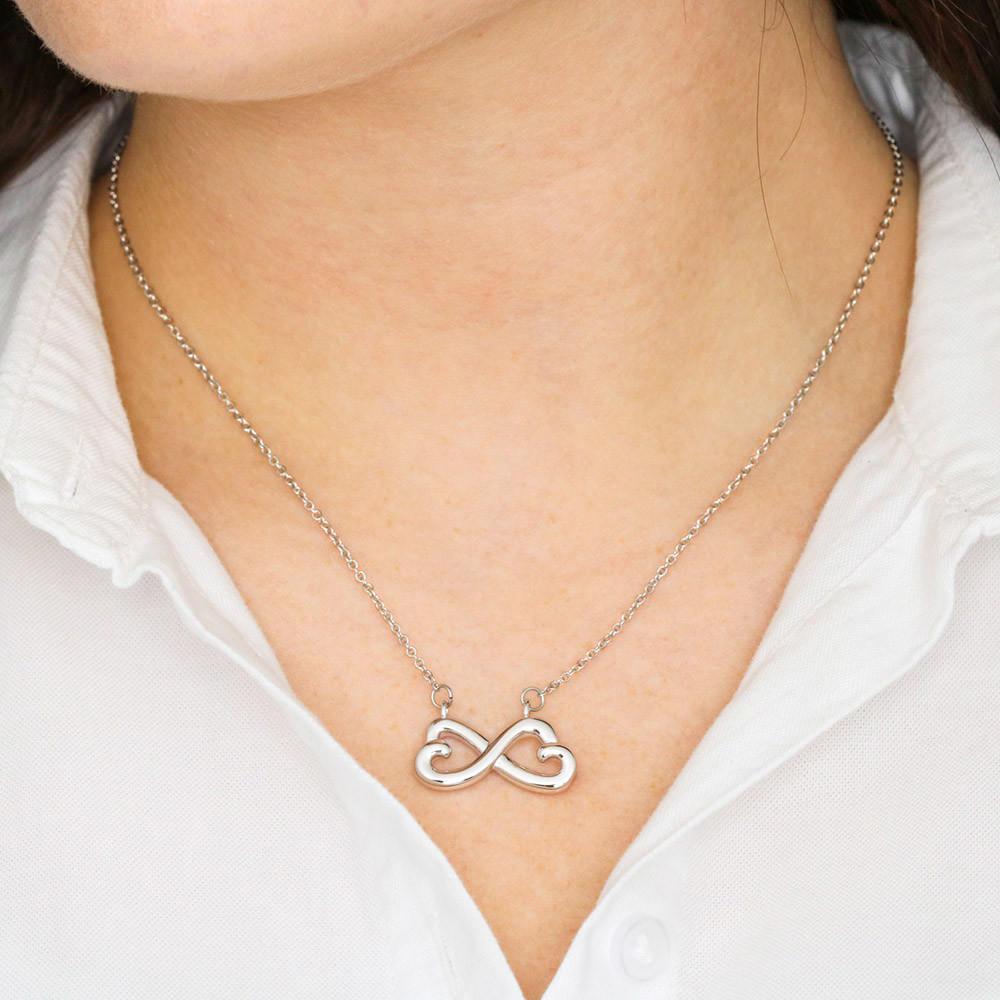 Interlocking Hearts Pendant Necklace in 14k White Gold or 18k Yellow Gold with Personalized Message Presentation Jewelry Box