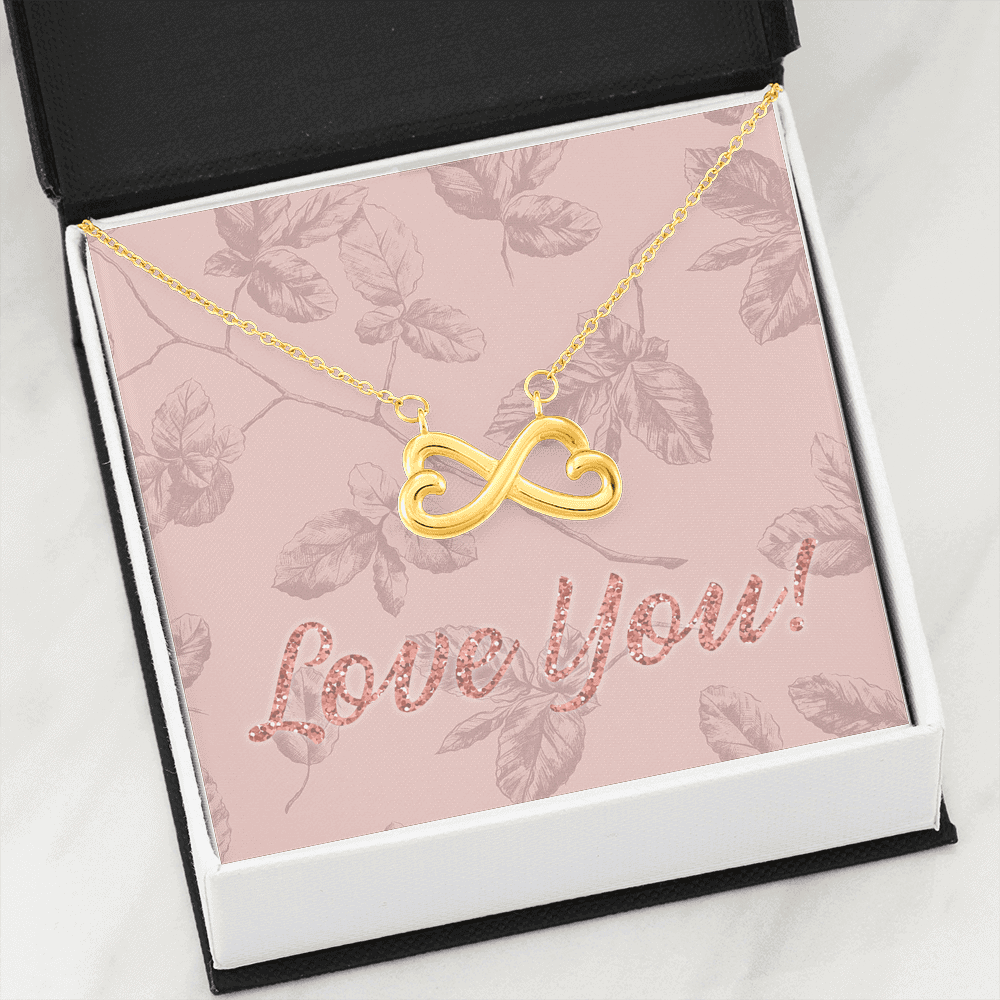 Interlocking Hearts Pendant Necklace in 14k White Gold or 18k Yellow Gold with Personalized Message Presentation Jewelry Box
