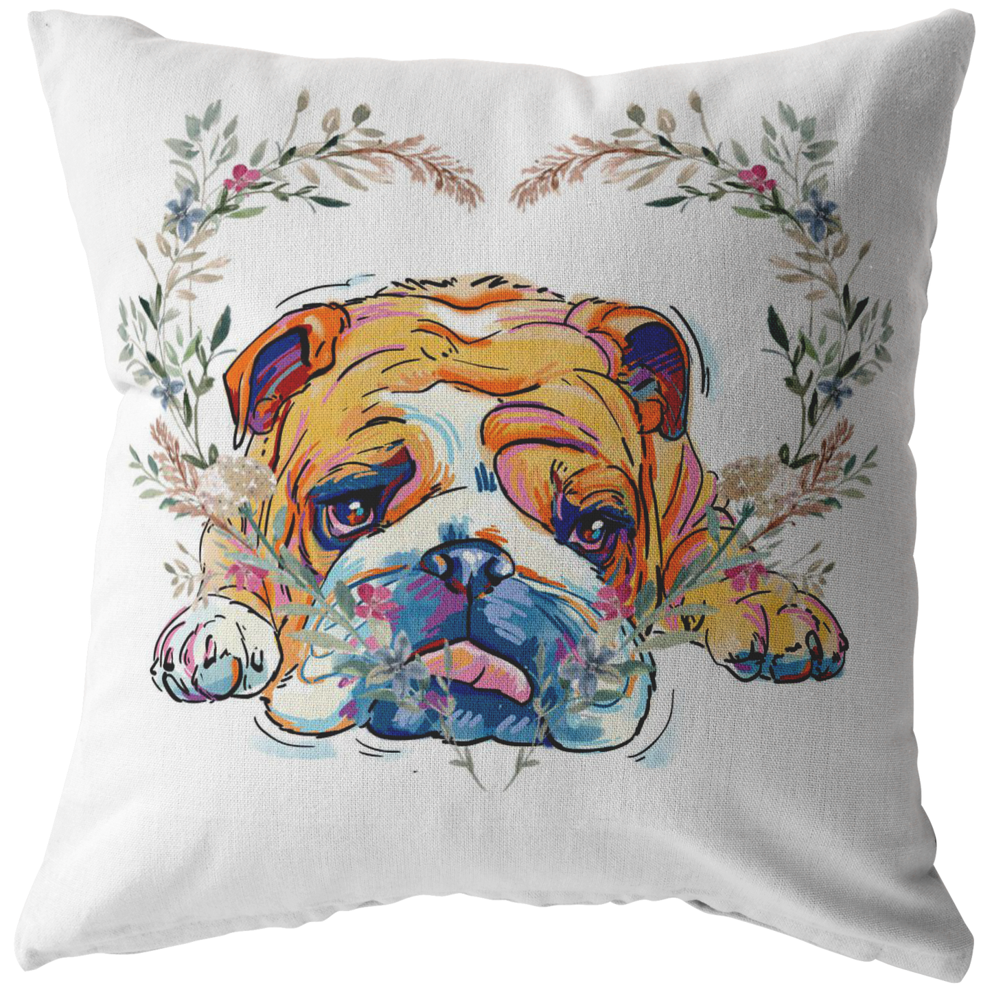 English Bulldog Pillow with Heart Wreath