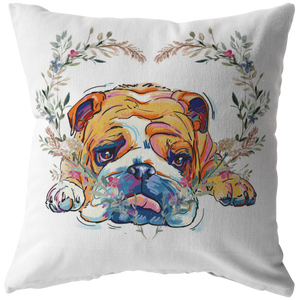 English Bulldog Pillow with Heart Wreath