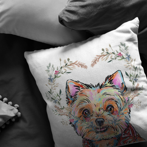 Yorkshire Terrier Pillow with Heart Wreath