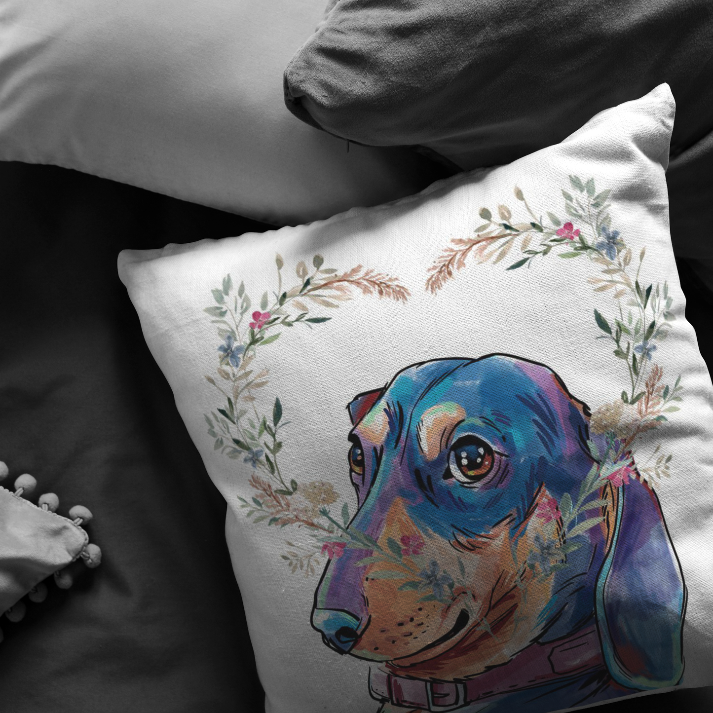 Dachshund Pillow with Heart Wreath