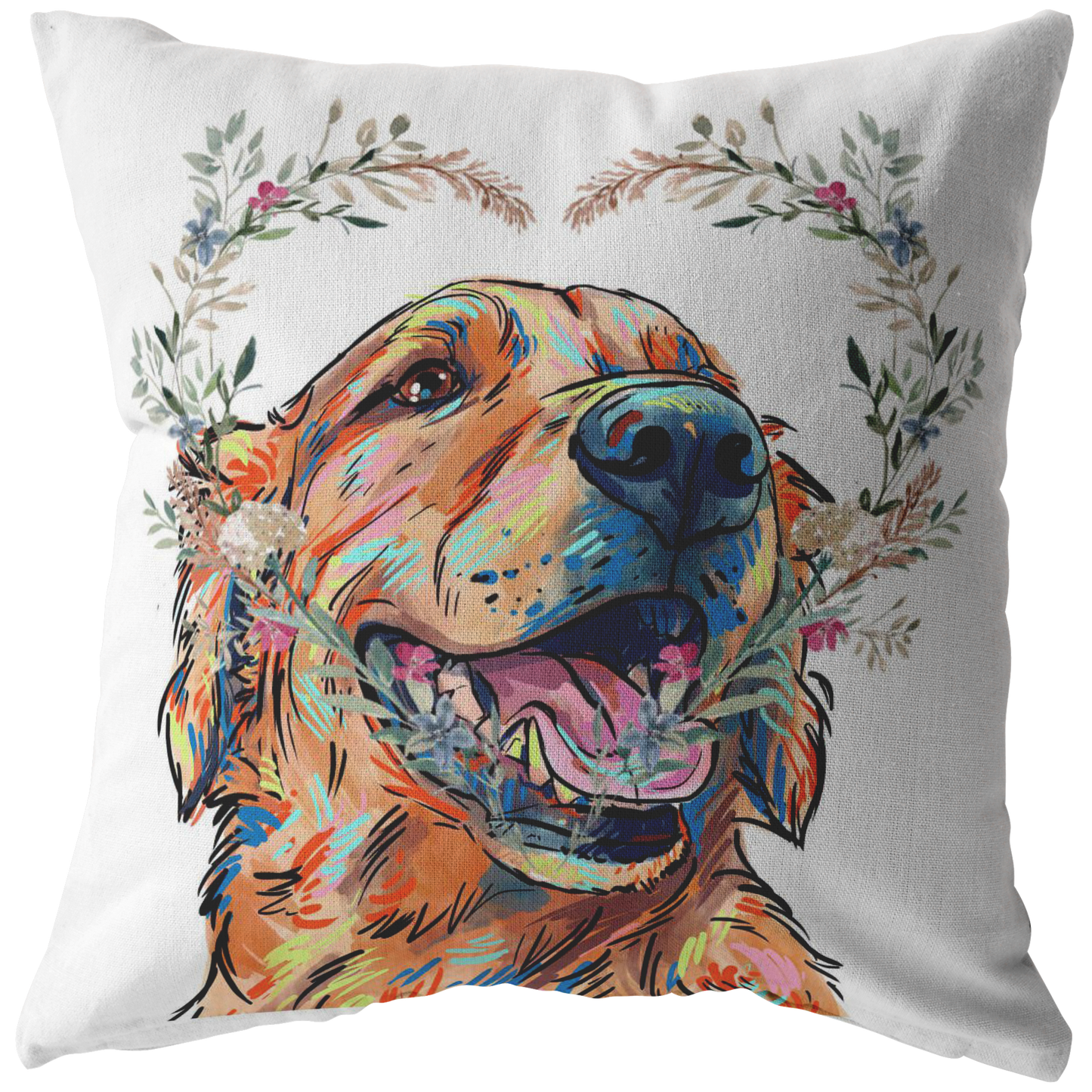 Golden Retriever Pillow with Heart Wreath