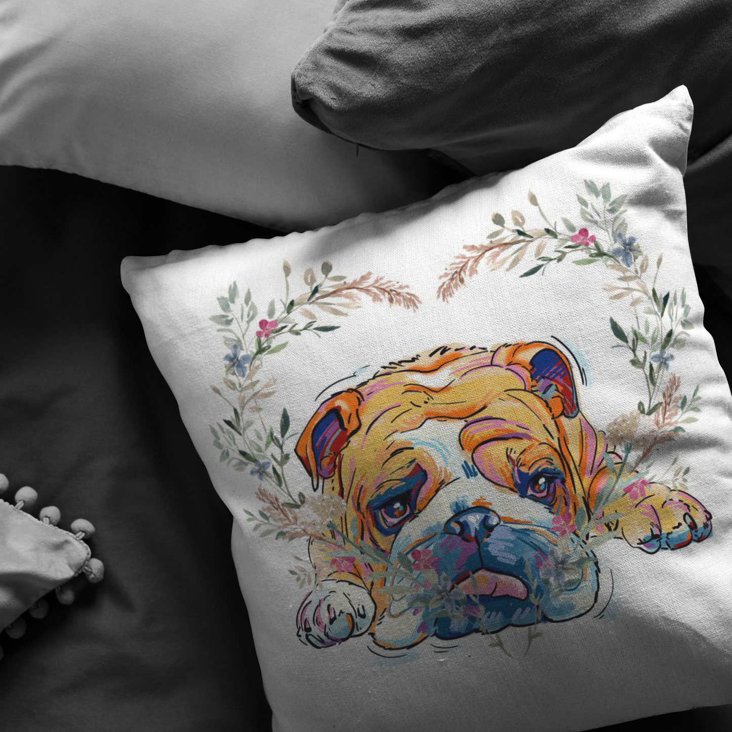 English Bulldog Pillow with Heart Wreath