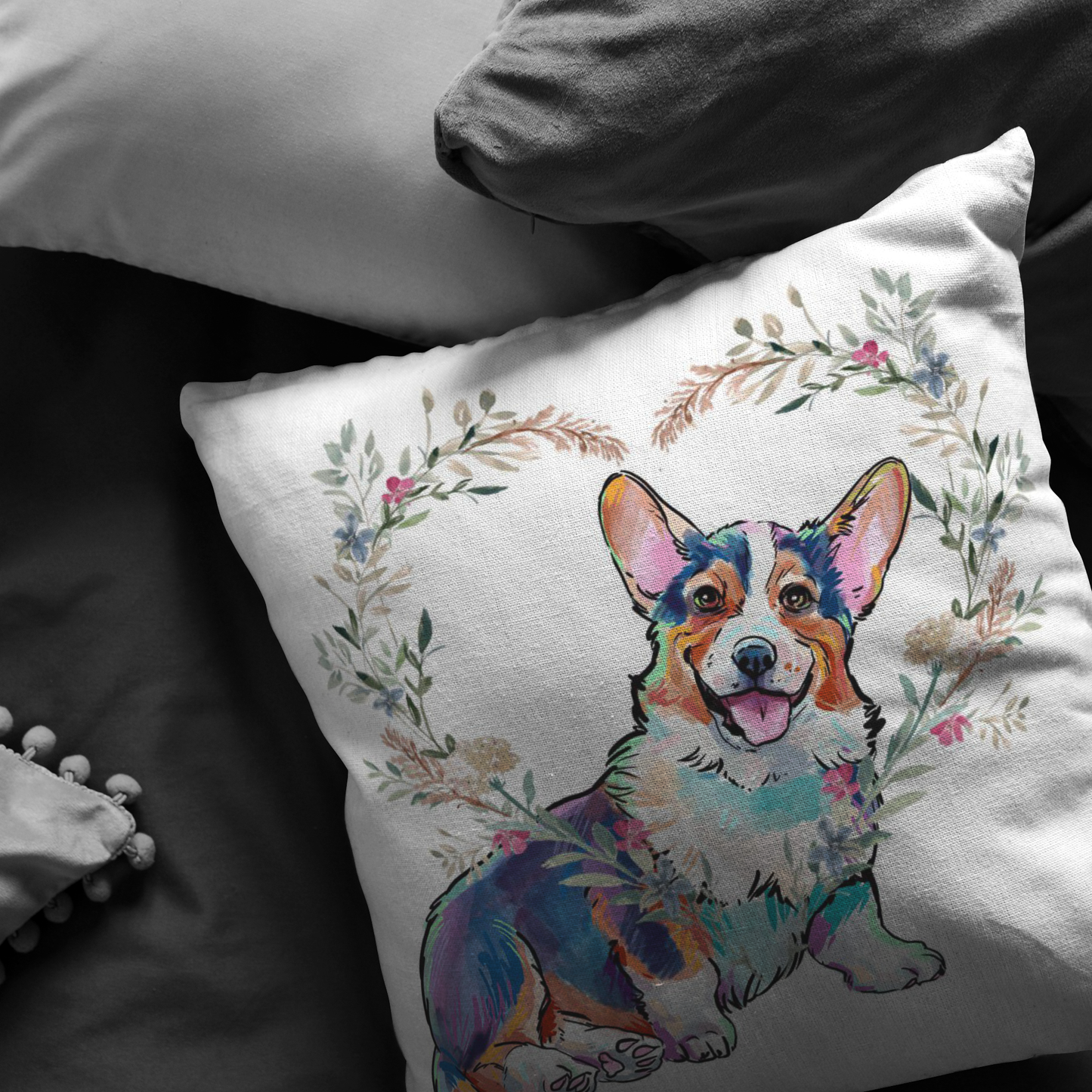 Corgi Sitting Pillow with Heart Wreath