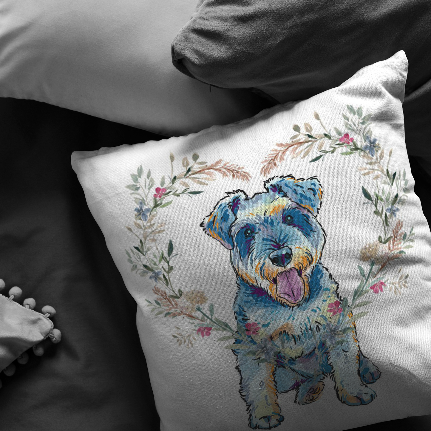 Schnauzer Pillow with Heart Wreath