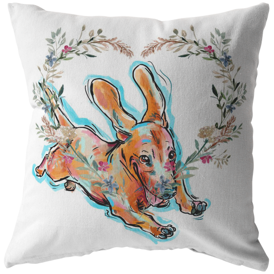 Dachshund Running Pillow with Heart Wreath