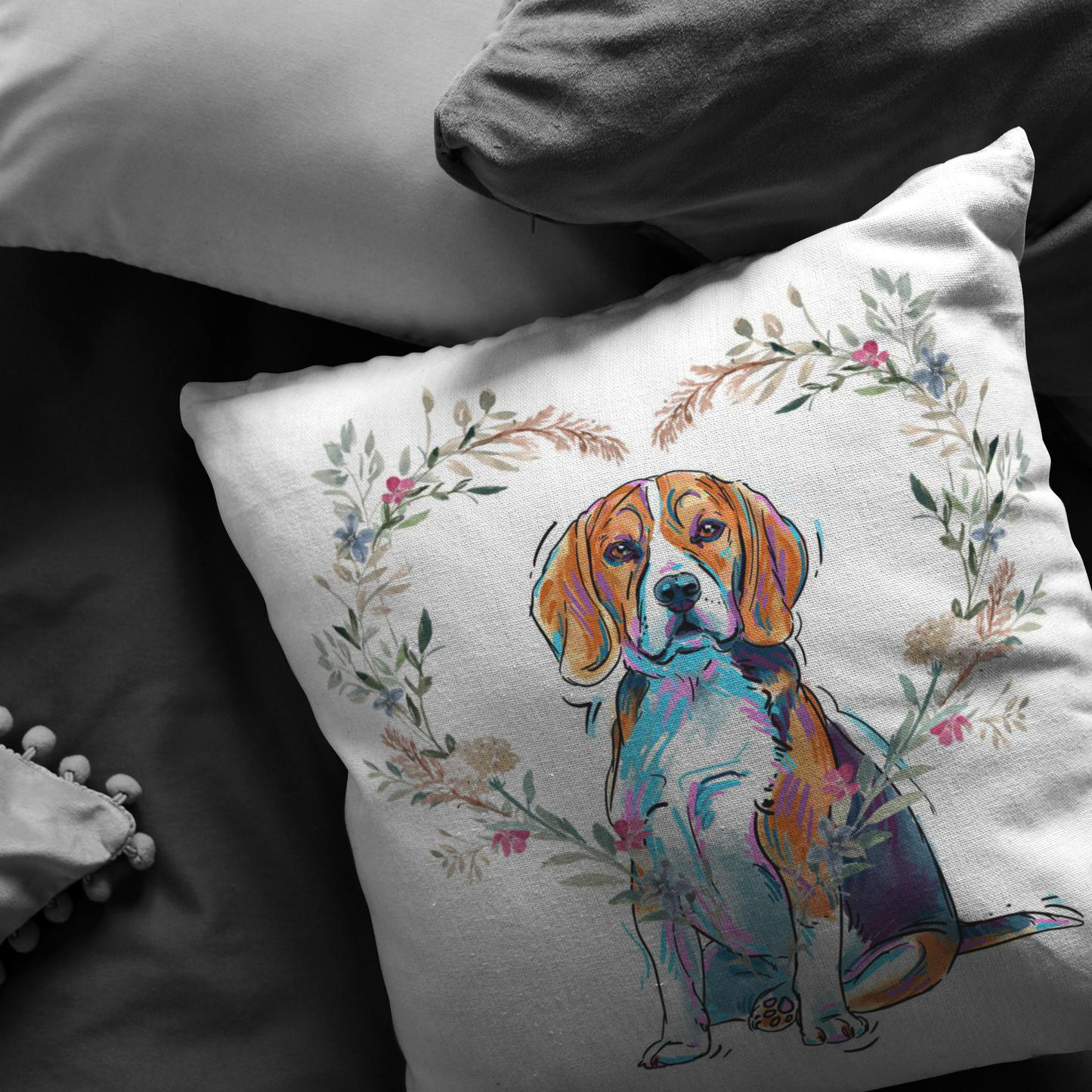 Beagle Pillow with Heart Wreath