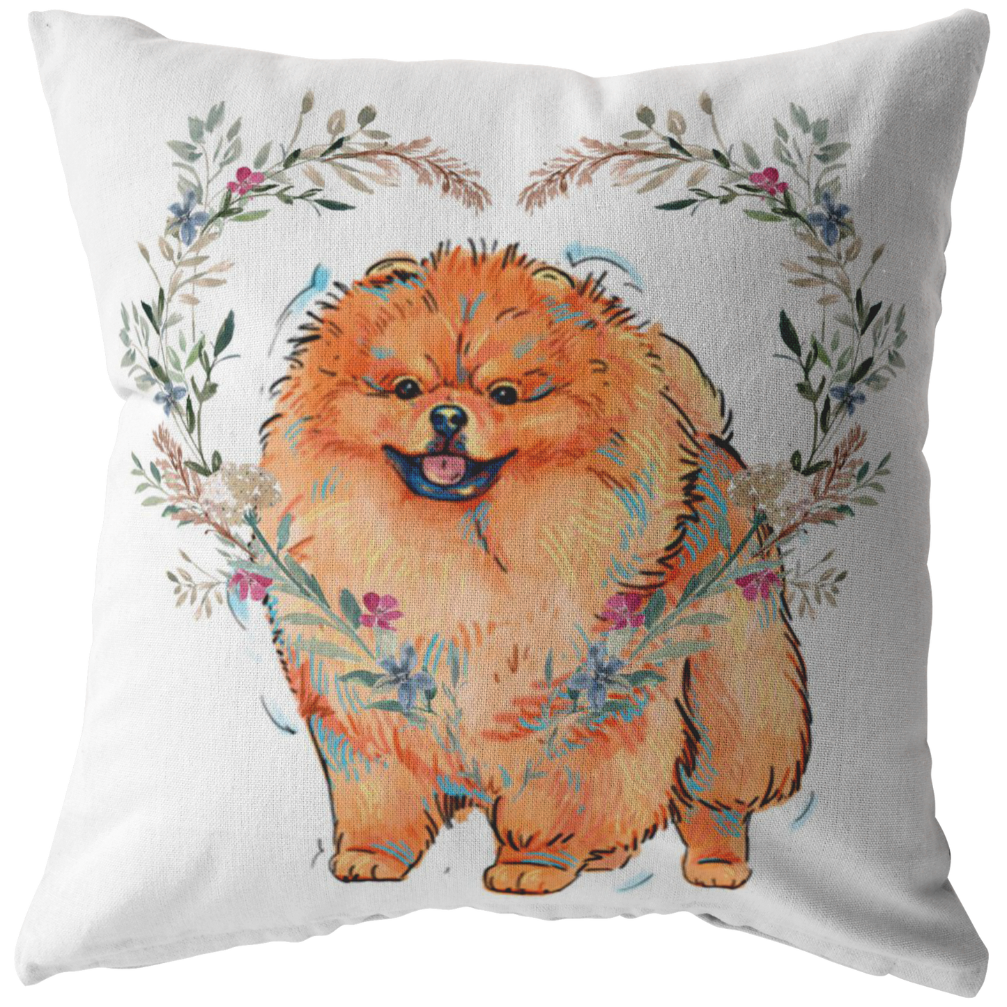 Pomeranian PIllow with Heart Wreath