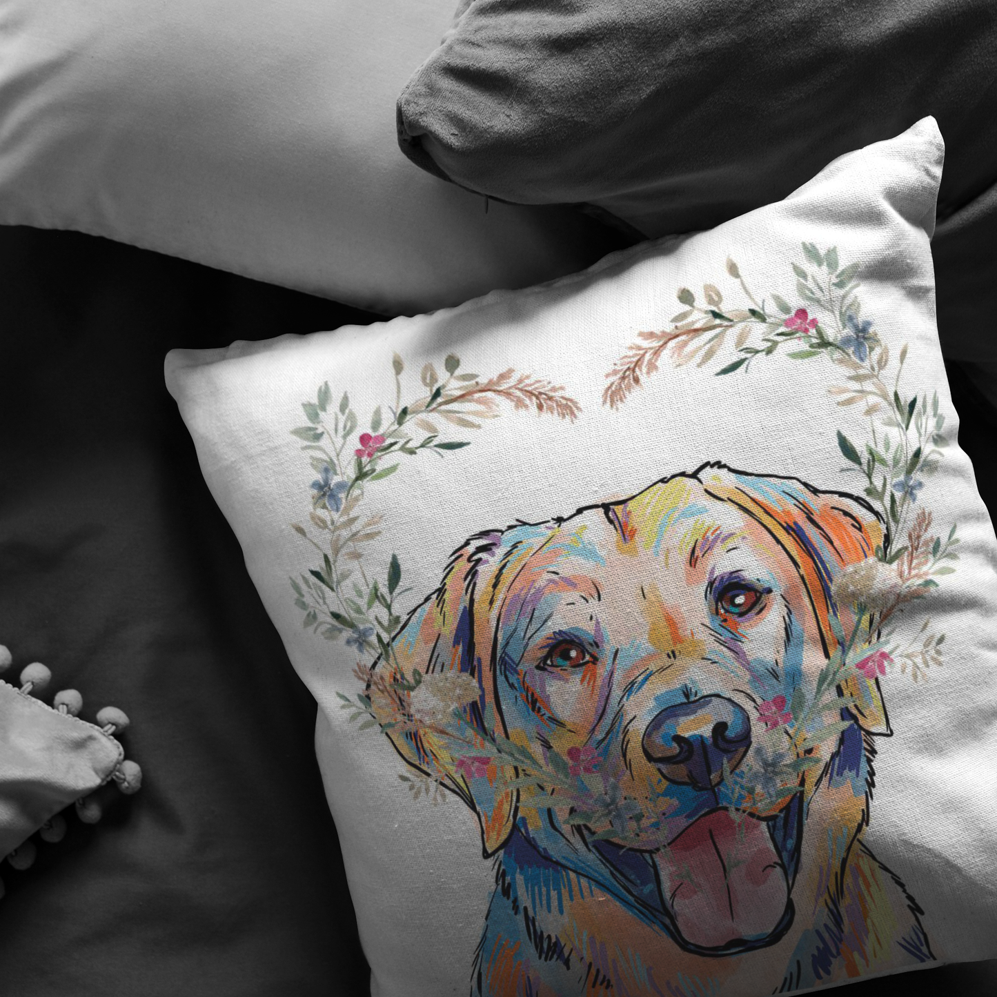 Yellow Labrador Retriever Pillow with Heart Wreath