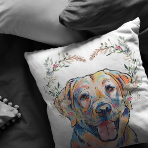 Yellow Labrador Retriever Pillow with Heart Wreath
