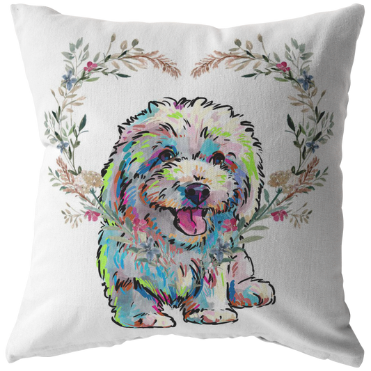 Bichon Frise Pillow with Heart Wreath