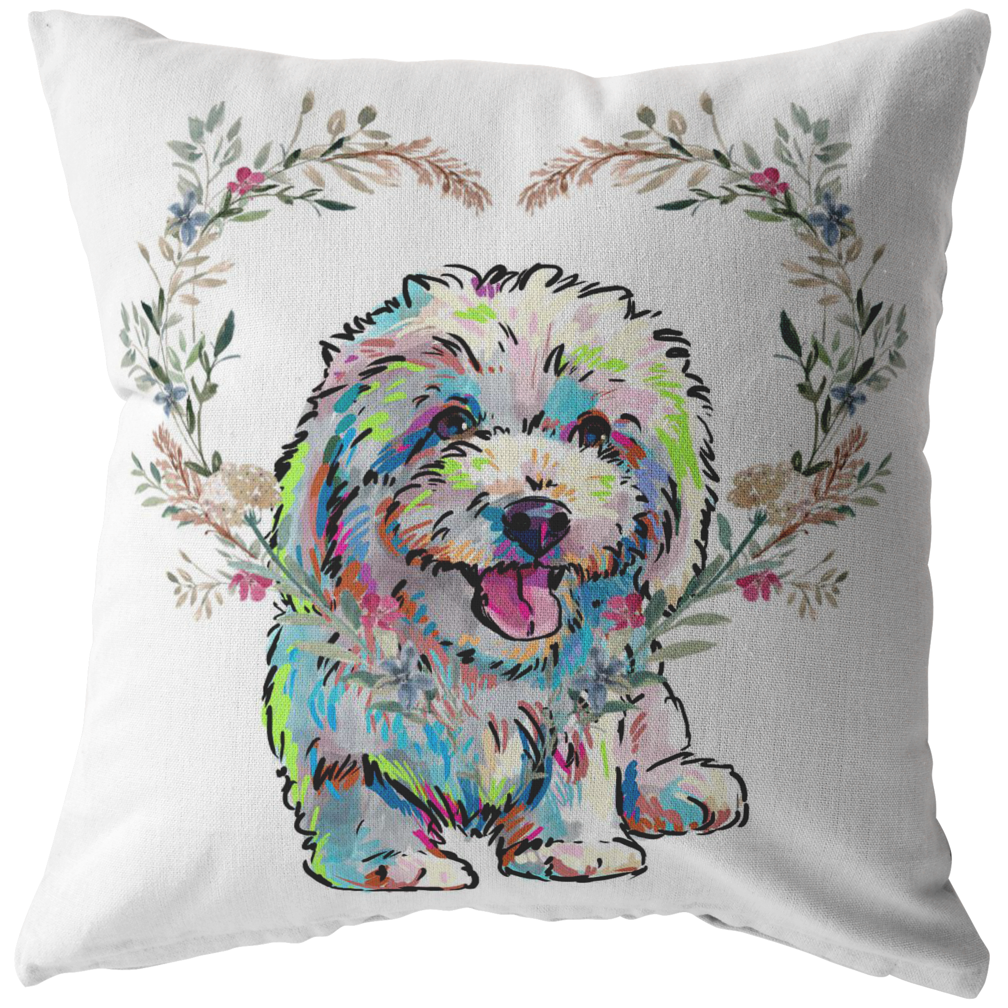 Bichon Frise Pillow with Heart Wreath