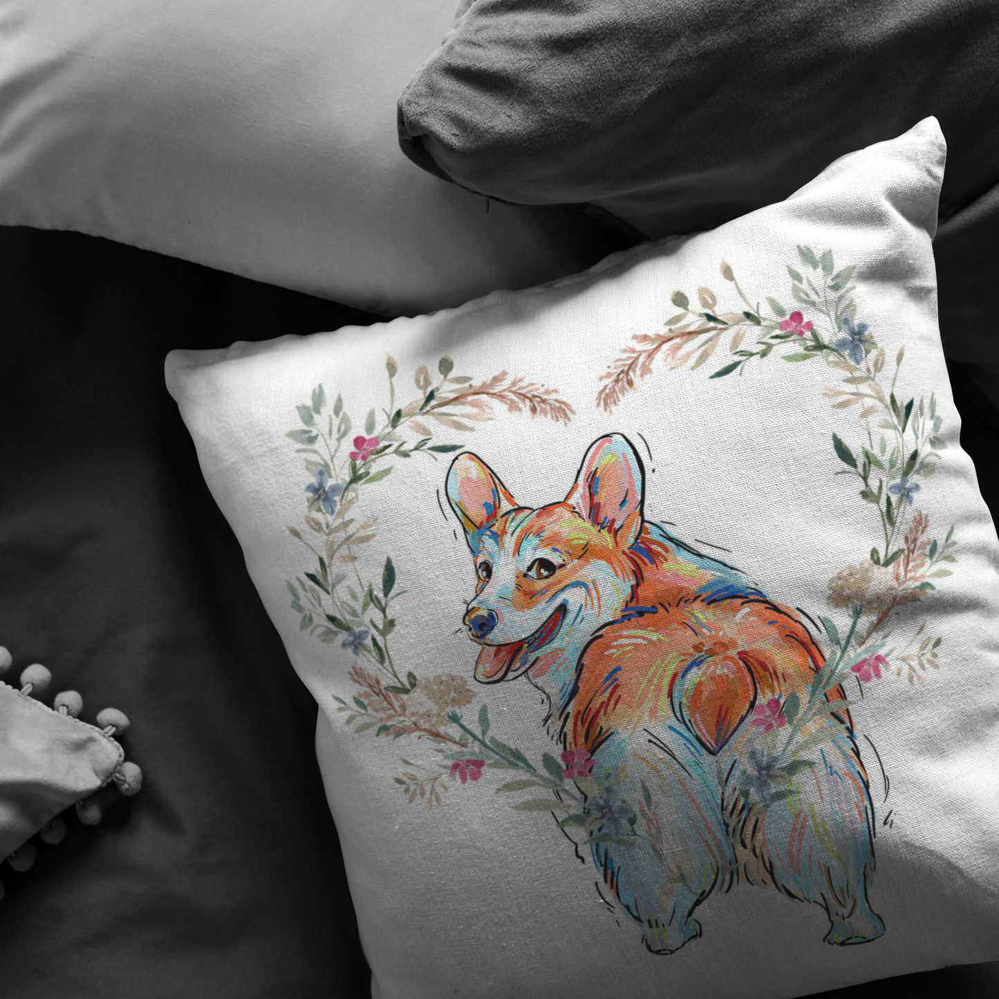 Corgi Standing PIllow with Heart Wreath