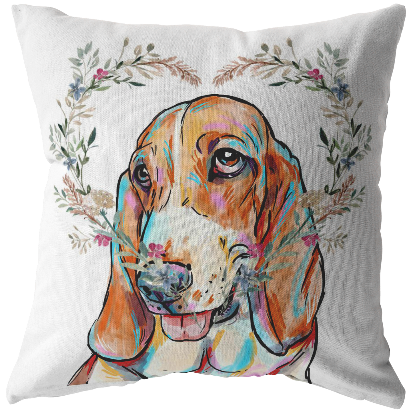 Basset Hound Pillow with Heart Wreath