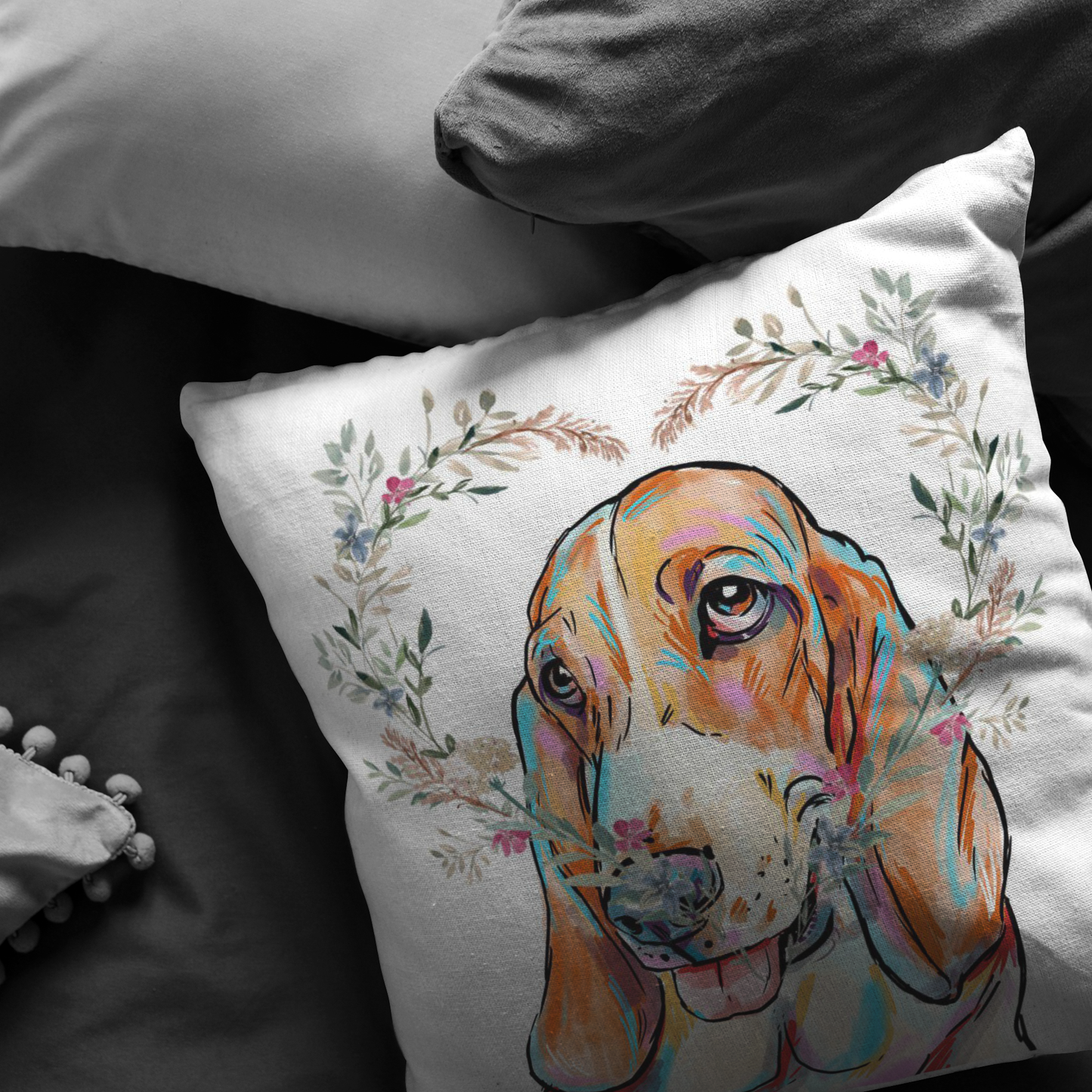 Basset Hound Pillow with Heart Wreath