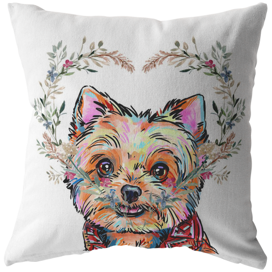 Yorkshire Terrier Pillow with Heart Wreath