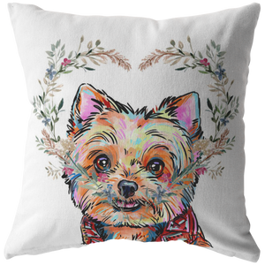 Yorkshire Terrier Pillow with Heart Wreath