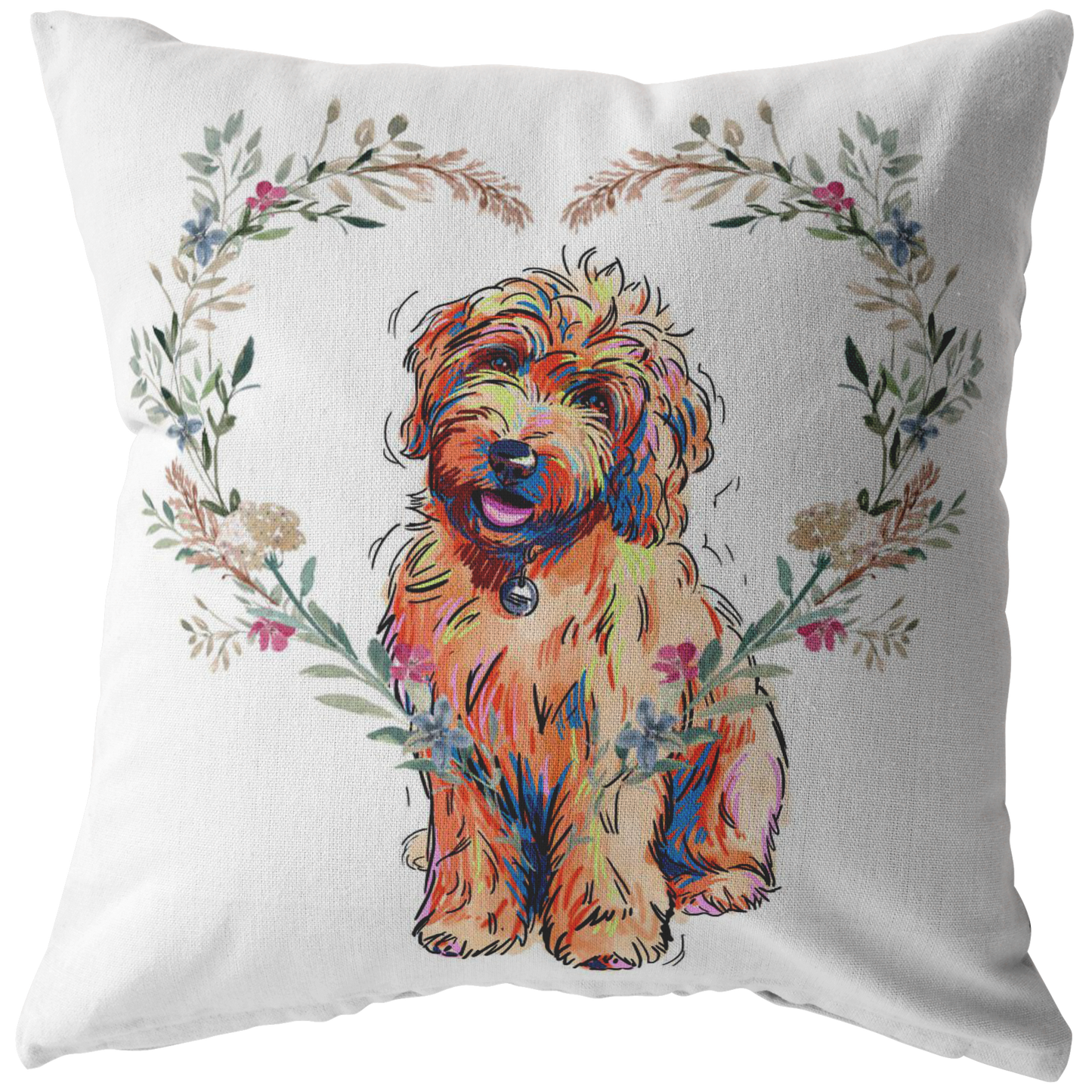 Golden Doodle Pillow with Heart Wreath