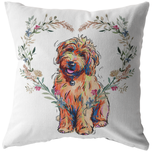 Golden Doodle Pillow with Heart Wreath