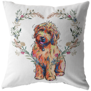 Golden Doodle Pillow with Heart Wreath