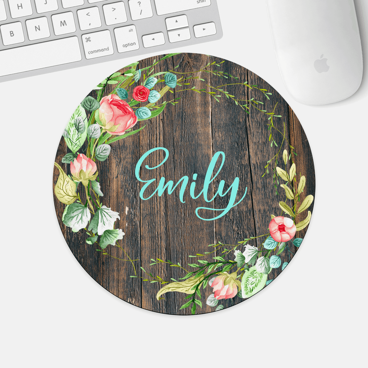 Mouse Pad, Personalized Name, Wreathe with Wood Rings Background,