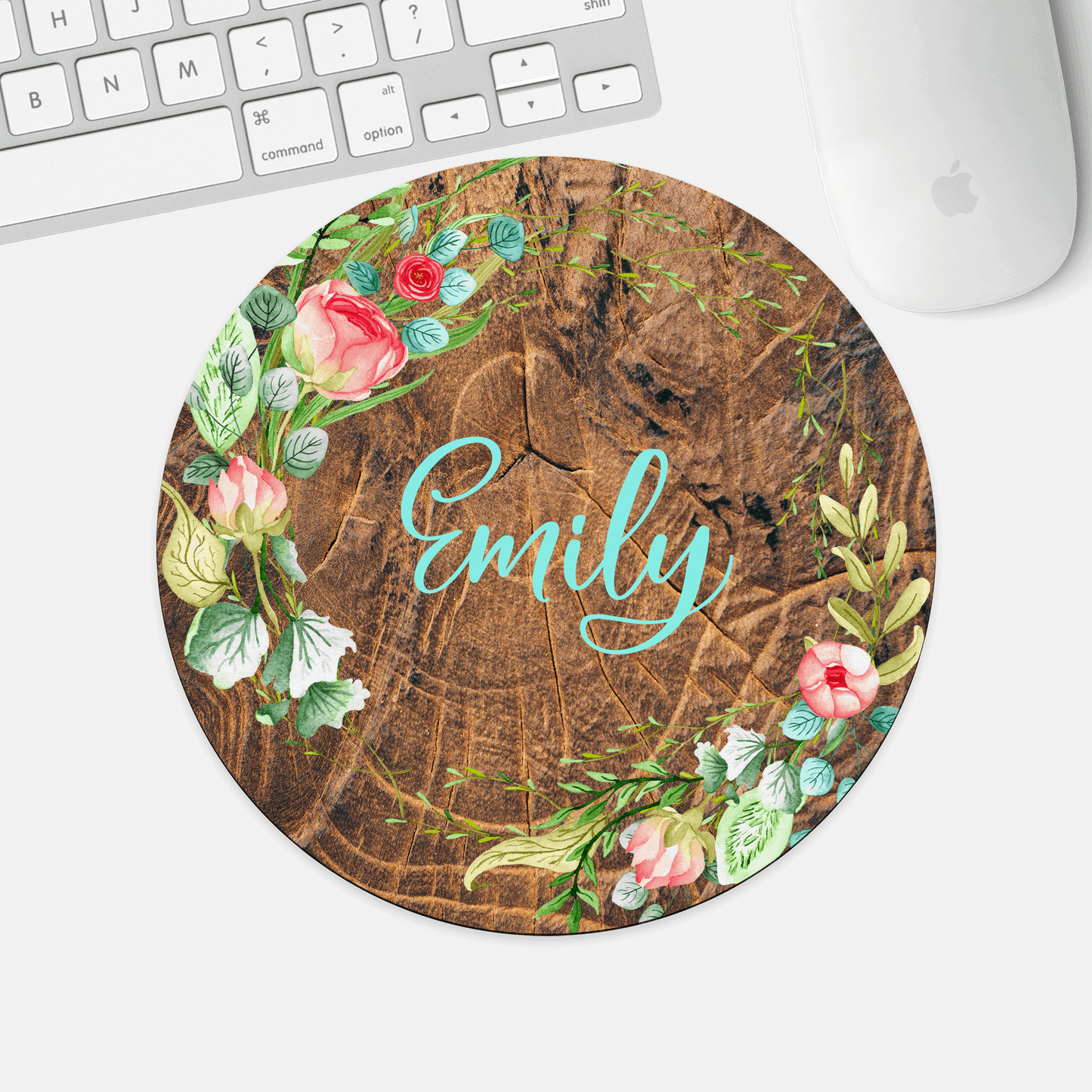 Mouse Pad, Personalized Name, Wreathe with Wood Rings Background,