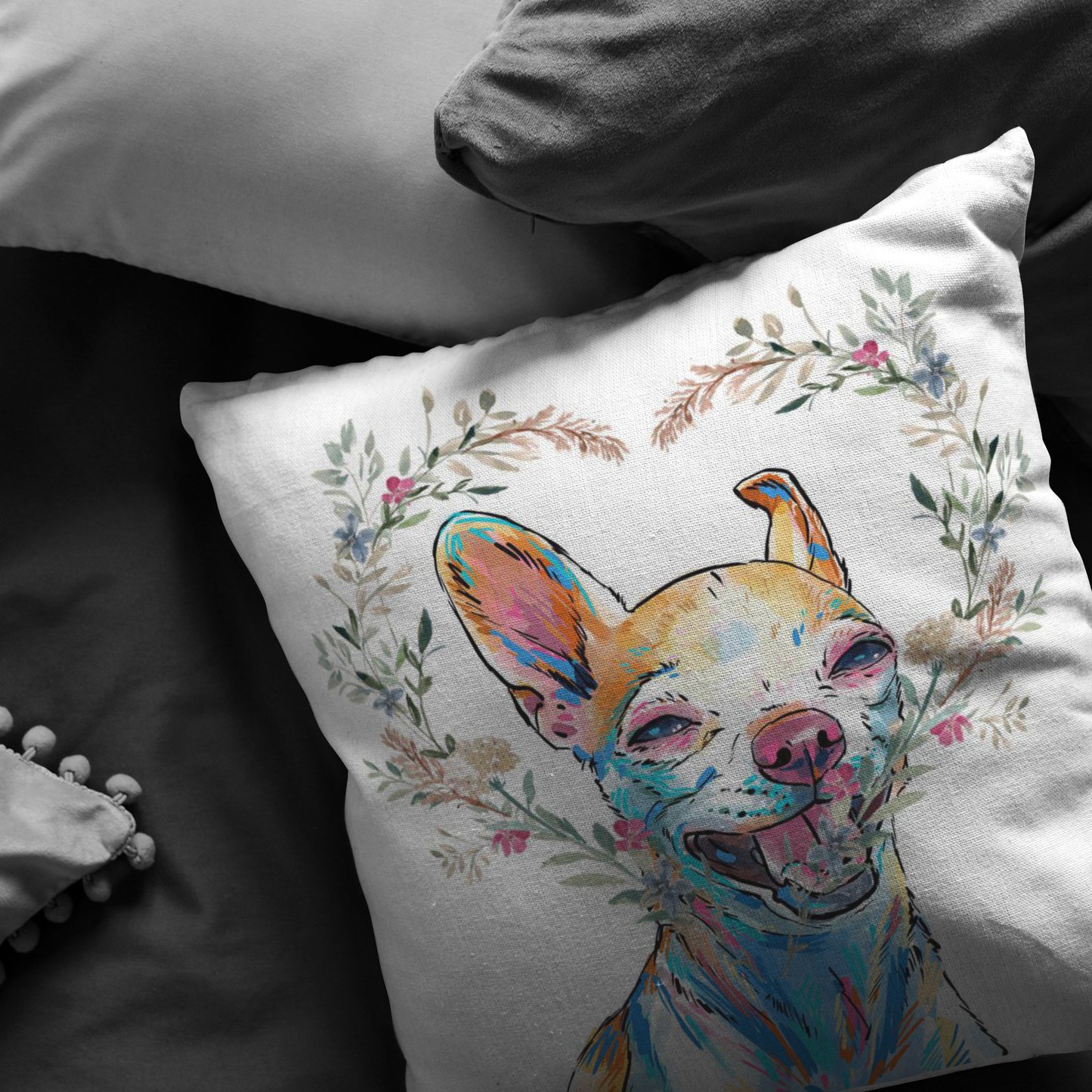 Chihuahua Pillow with Heart Wreath